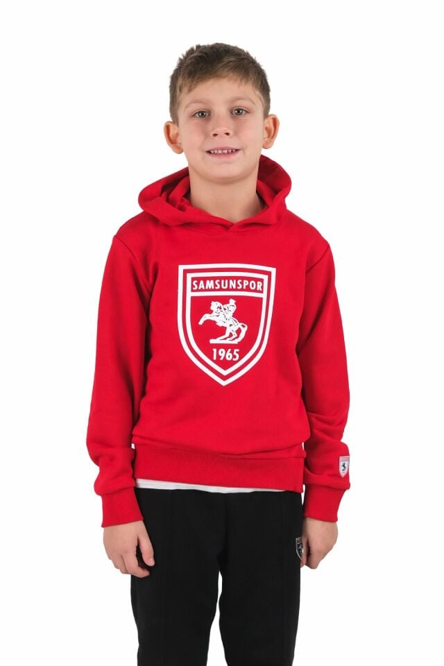 Kabartmalı Kapüşonlu Çocuk Kırmızı Sweat