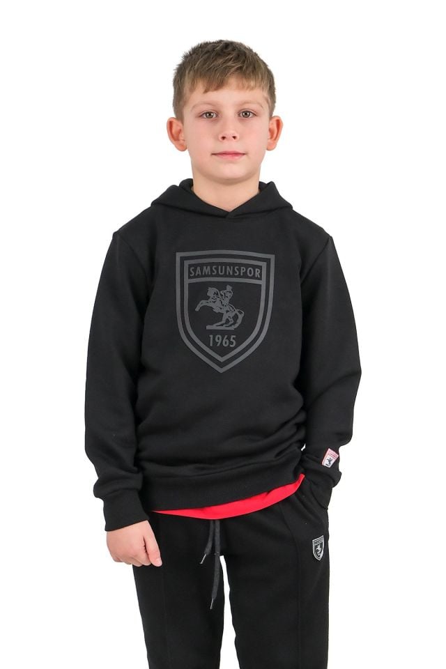 Kabartmalı Kapüşonlu Çocuk Siyah Sweat