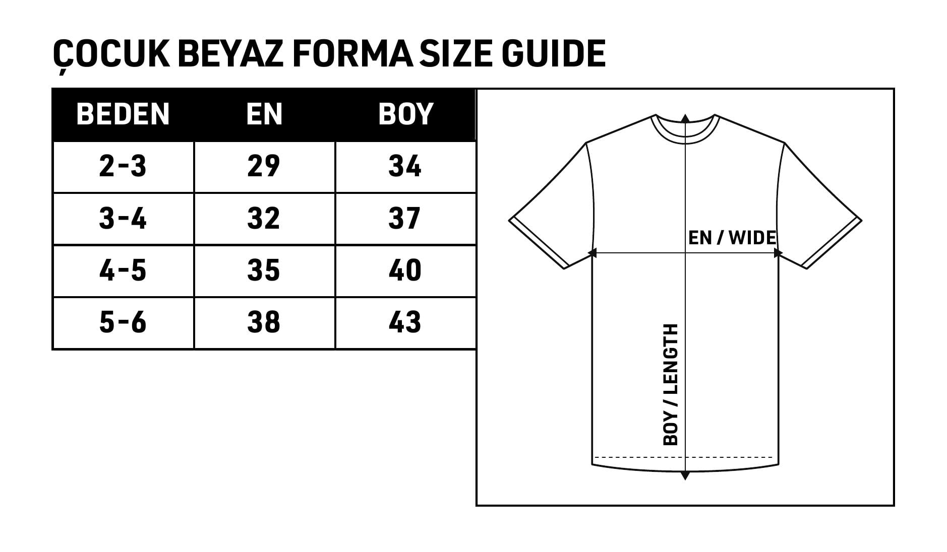 Çocuk Beyaz Forma Beden Tablosu